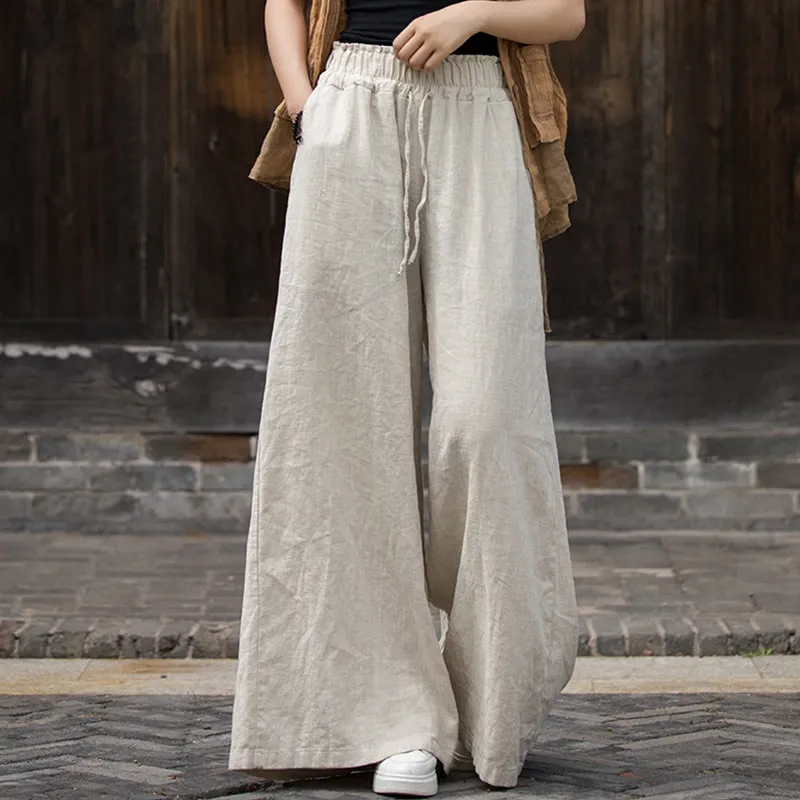 Buddha Stones Handmade Tie Dye Ramie Linen Midi Dress Wide Leg Pants With Pockets