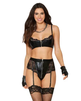Dreamgirl Stretch faux-leather and eyelash lace bra and garter panty set