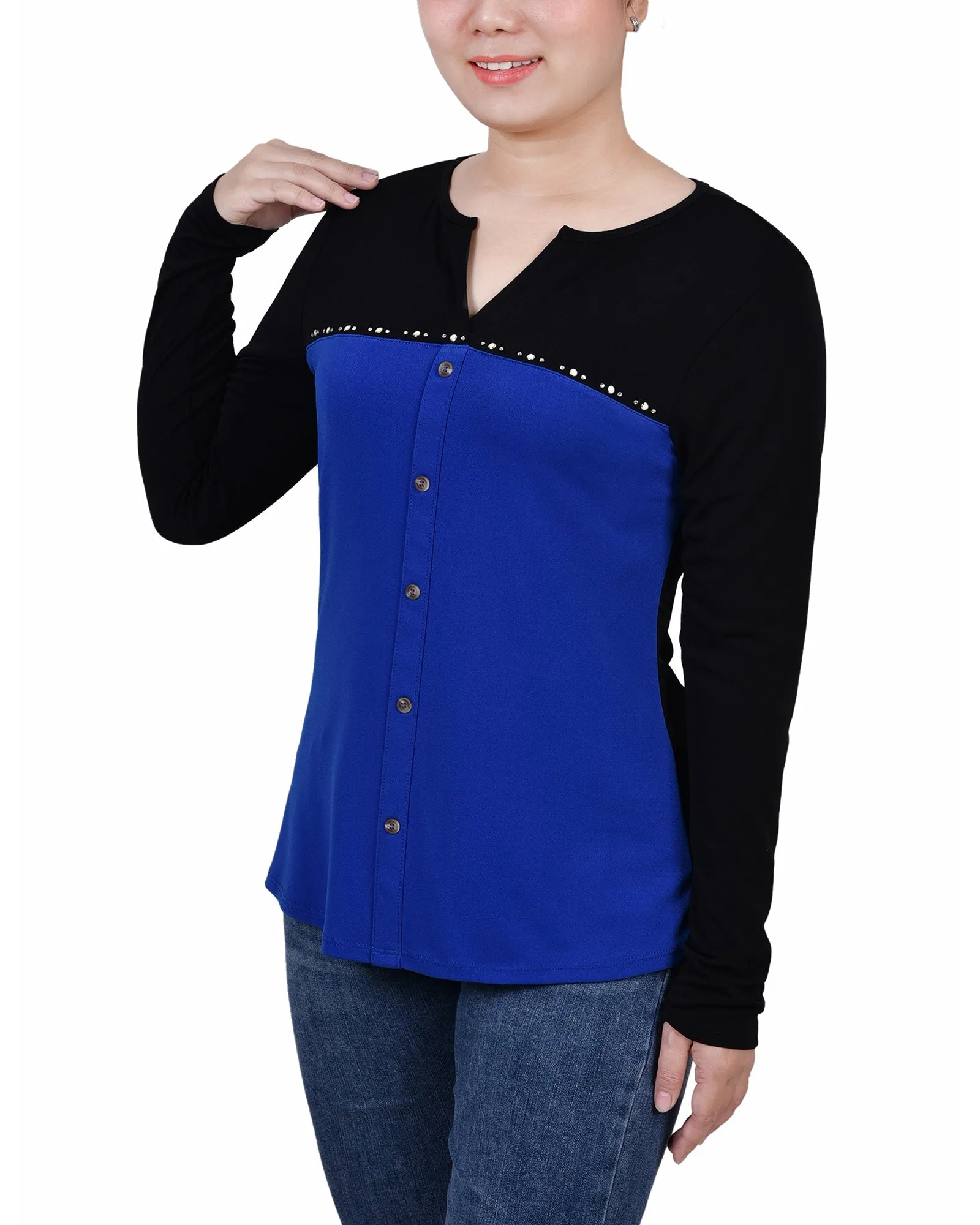 Surf The Web Long Sleeve Studded Colorblocked Split Neck Top