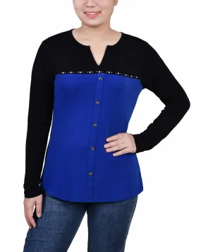 Surf The Web Long Sleeve Studded Colorblocked Split Neck Top