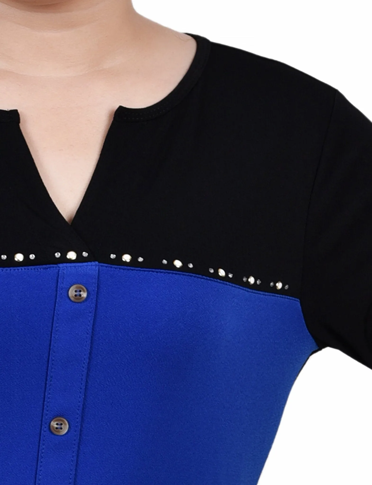 Surf The Web Long Sleeve Studded Colorblocked Split Neck Top