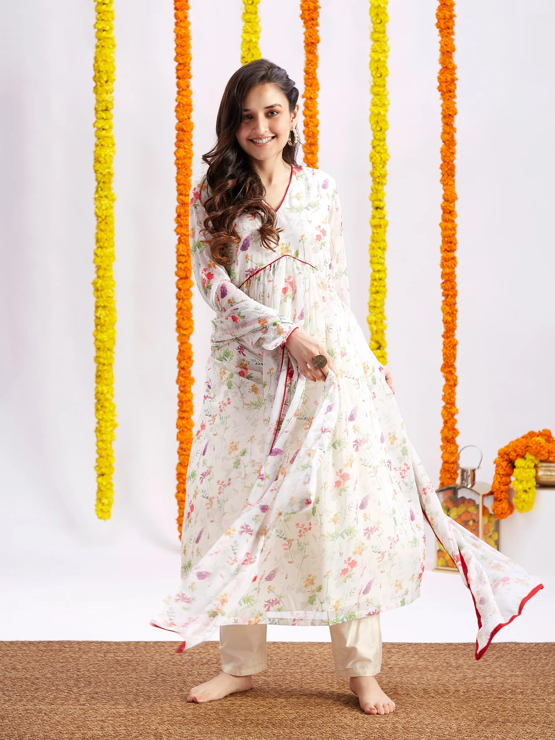 VASTRAMAY Women's Printed Georgette Anarkali Kurta Set With Dupatta