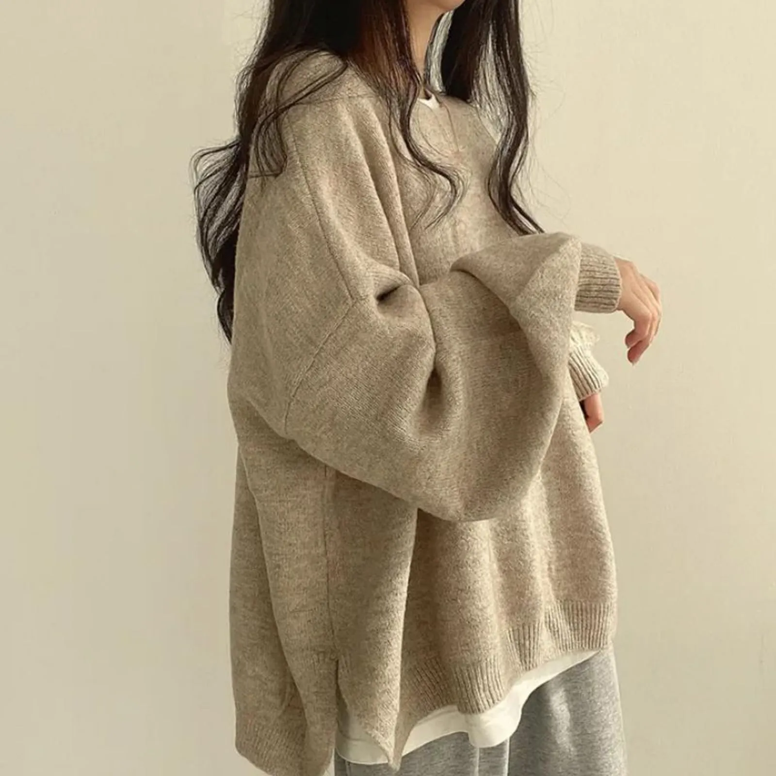 Women's Solid Knitting Split Hem Crewneck Jumper,Women's Long Sleeve Pullover Sweater Fall Casual Soft Ribbed Knit (One Size,Gray)