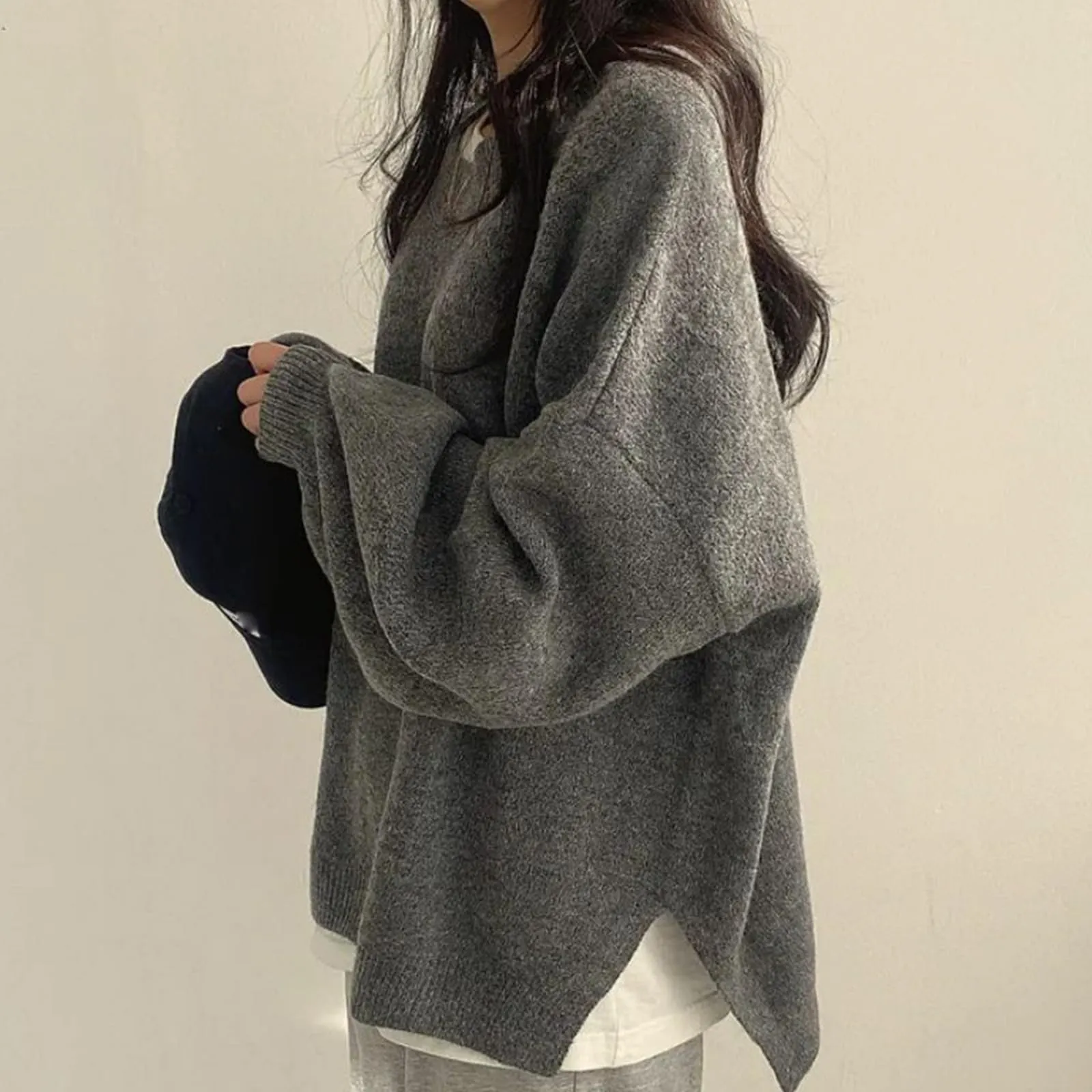 Women's Solid Knitting Split Hem Crewneck Jumper,Women's Long Sleeve Pullover Sweater Fall Casual Soft Ribbed Knit (One Size,Gray)