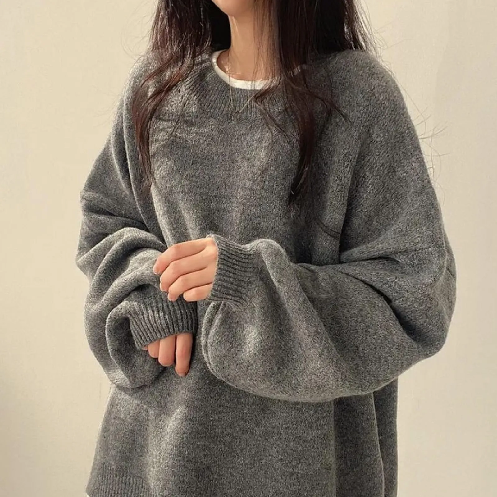 Women's Solid Knitting Split Hem Crewneck Jumper,Women's Long Sleeve Pullover Sweater Fall Casual Soft Ribbed Knit (One Size,Gray)