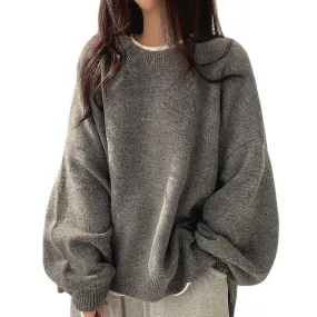 Women's Solid Knitting Split Hem Crewneck Jumper,Women's Long Sleeve Pullover Sweater Fall Casual Soft Ribbed Knit (One Size,Gray)