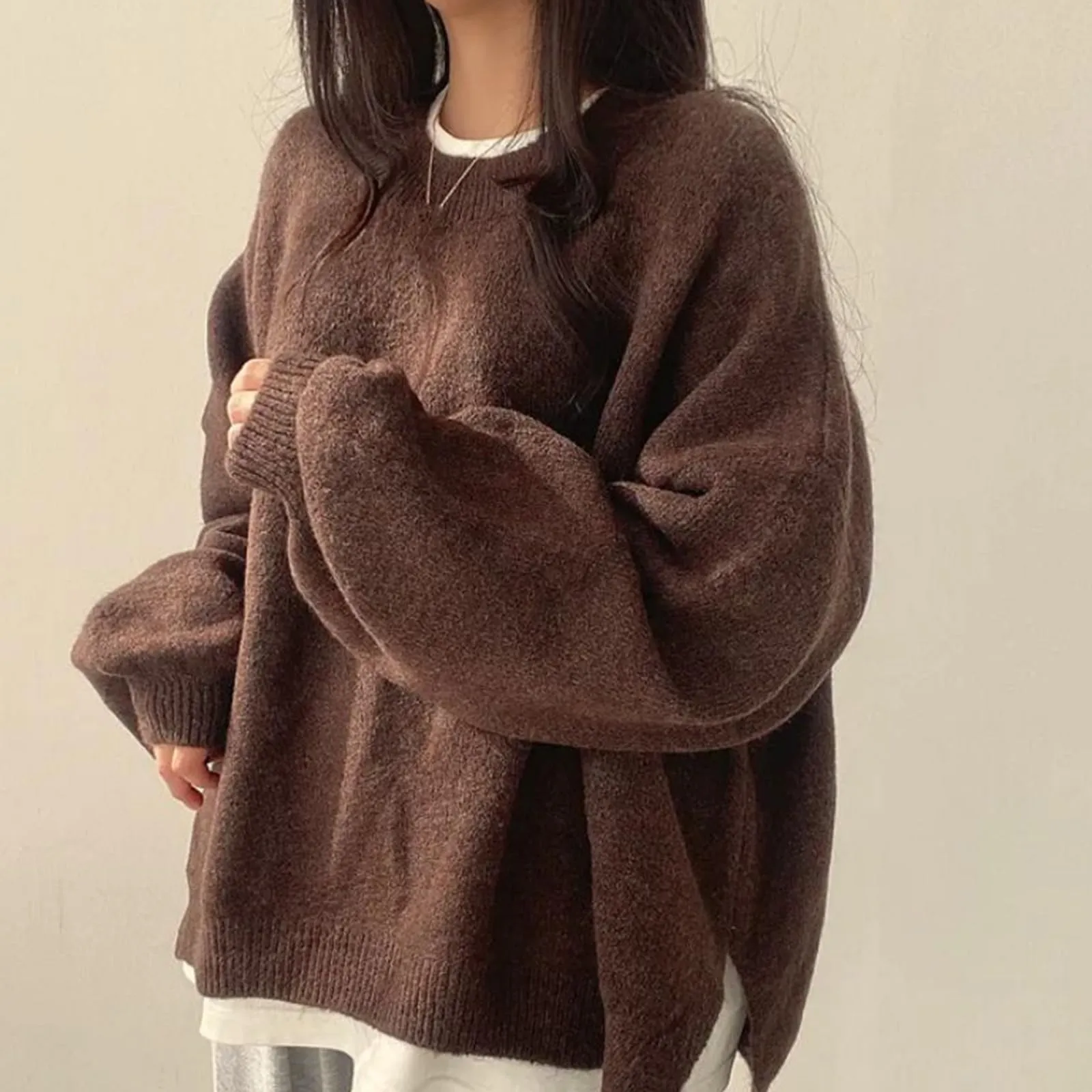Women's Solid Knitting Split Hem Crewneck Jumper,Women's Long Sleeve Pullover Sweater Fall Casual Soft Ribbed Knit (One Size,Gray)