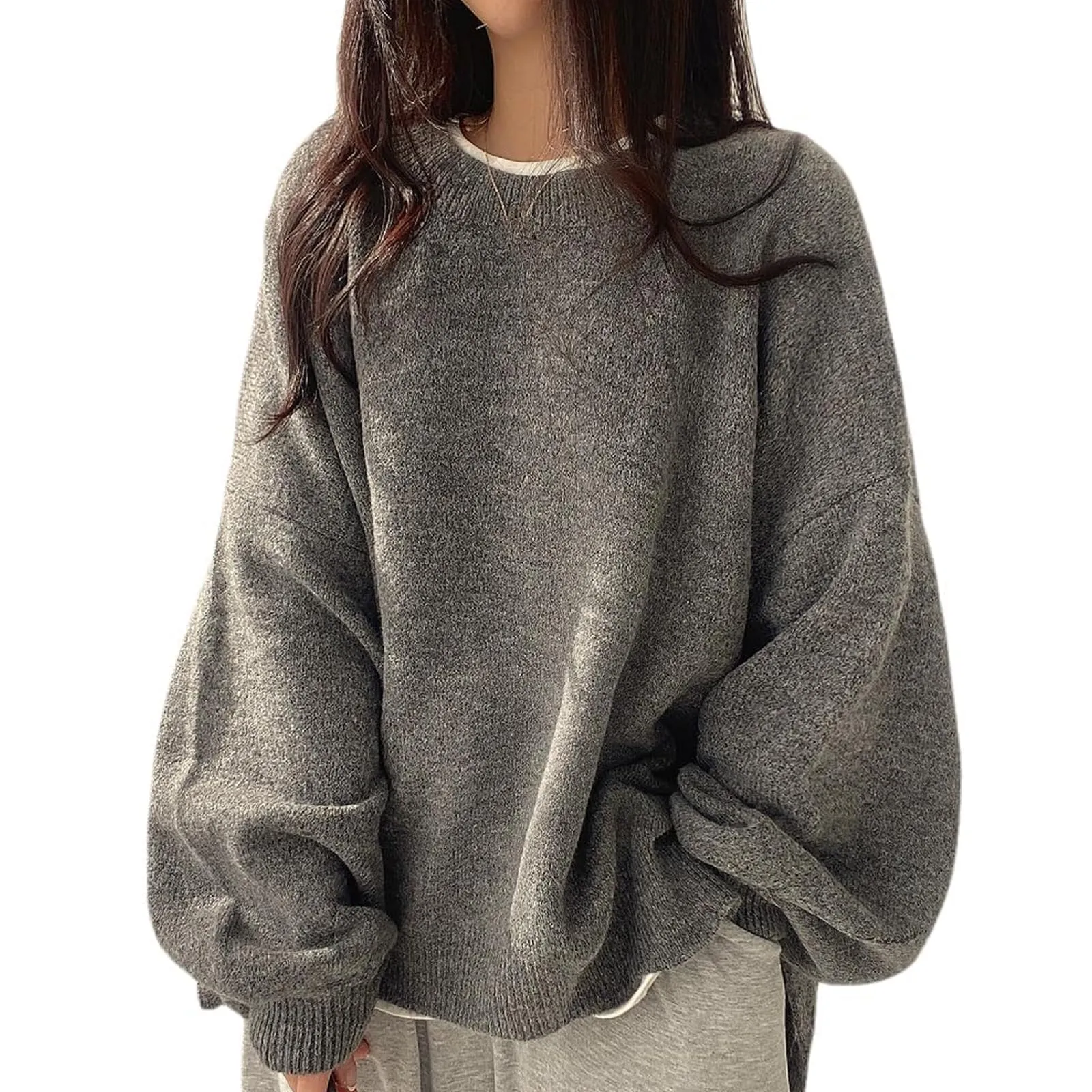 Women's Solid Knitting Split Hem Crewneck Jumper,Women's Long Sleeve Pullover Sweater Fall Casual Soft Ribbed Knit (One Size,Gray)